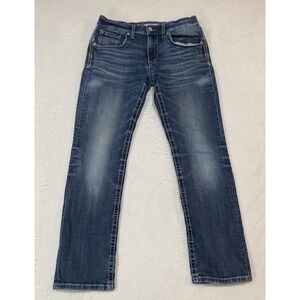 BKE Jake Jeans Mens 32Rx31 Blue Denim Distressed Straight Leg Dark Wash Whiskers